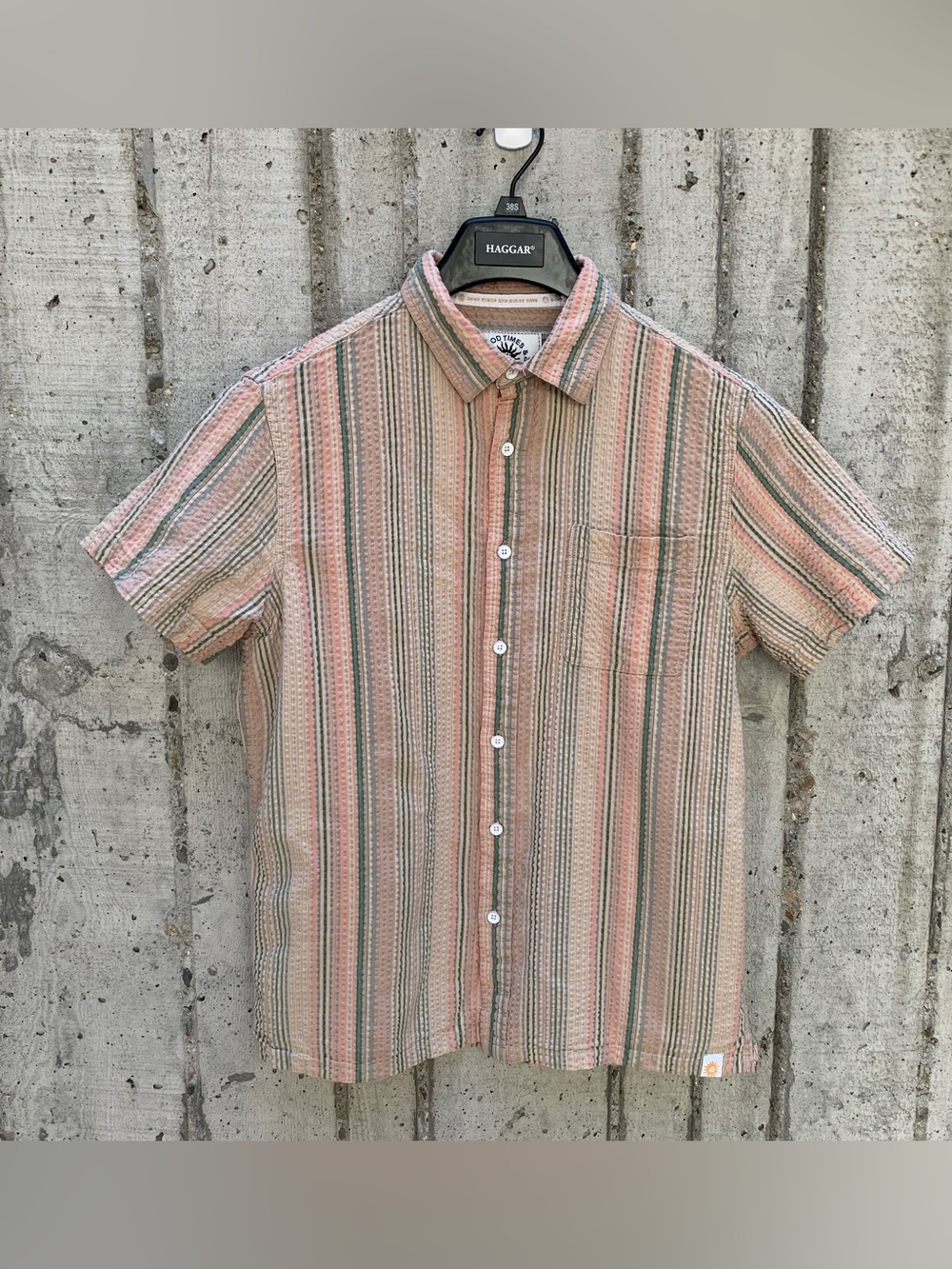 Free Planet Short Sleeve Button Down Textured Striped Retro Colorful Boho Surf